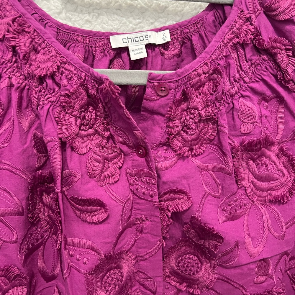 Chico's Embroidered Floral Magenta Blouse - Picture 3 of 4